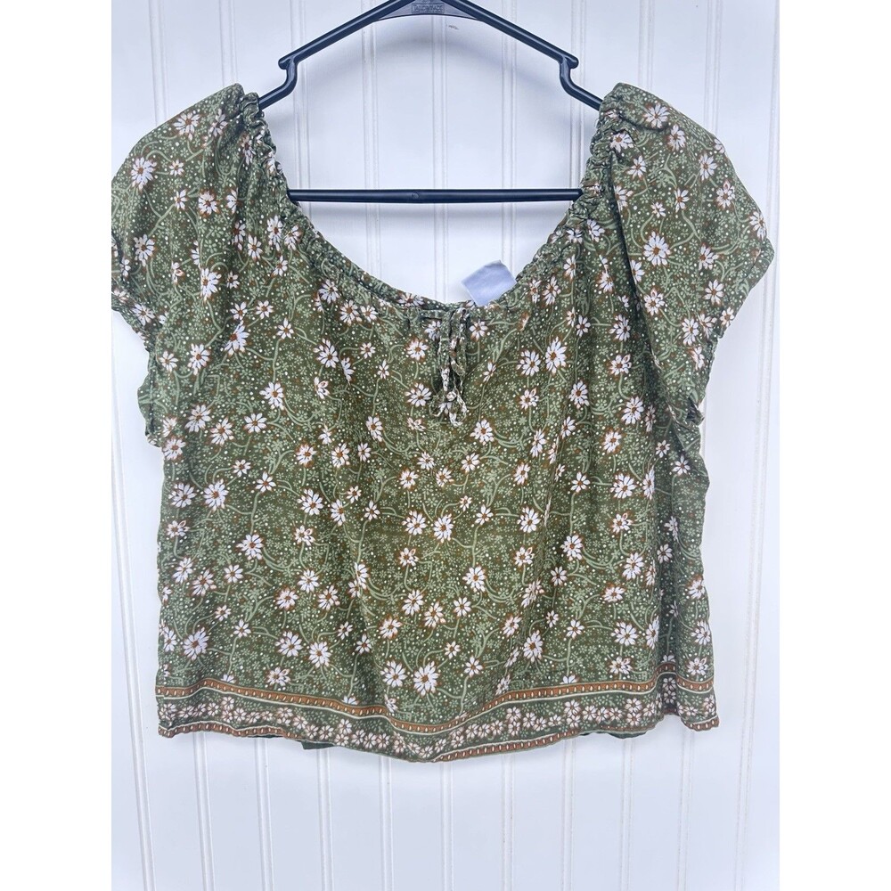 Juniors Floral Peasant Top L Green Boho Cottagecore Y2K 100% Cotton